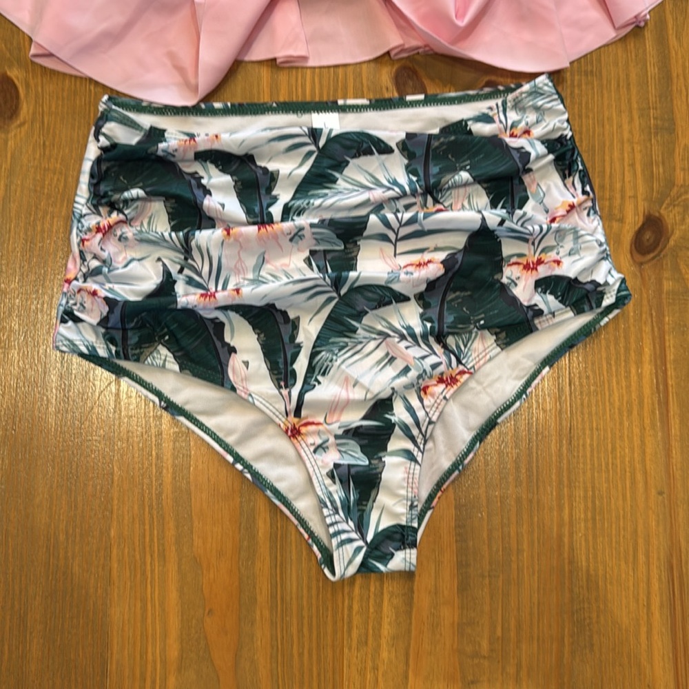 Pink & Floral flowy Bikini high ruched waisted swim NWOT Large - Picture 3 of 12